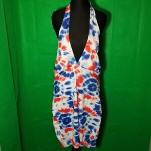 DIVIDED Halter Womens Dress Size XL Red White Blue Tie Dye 4th of July NWT